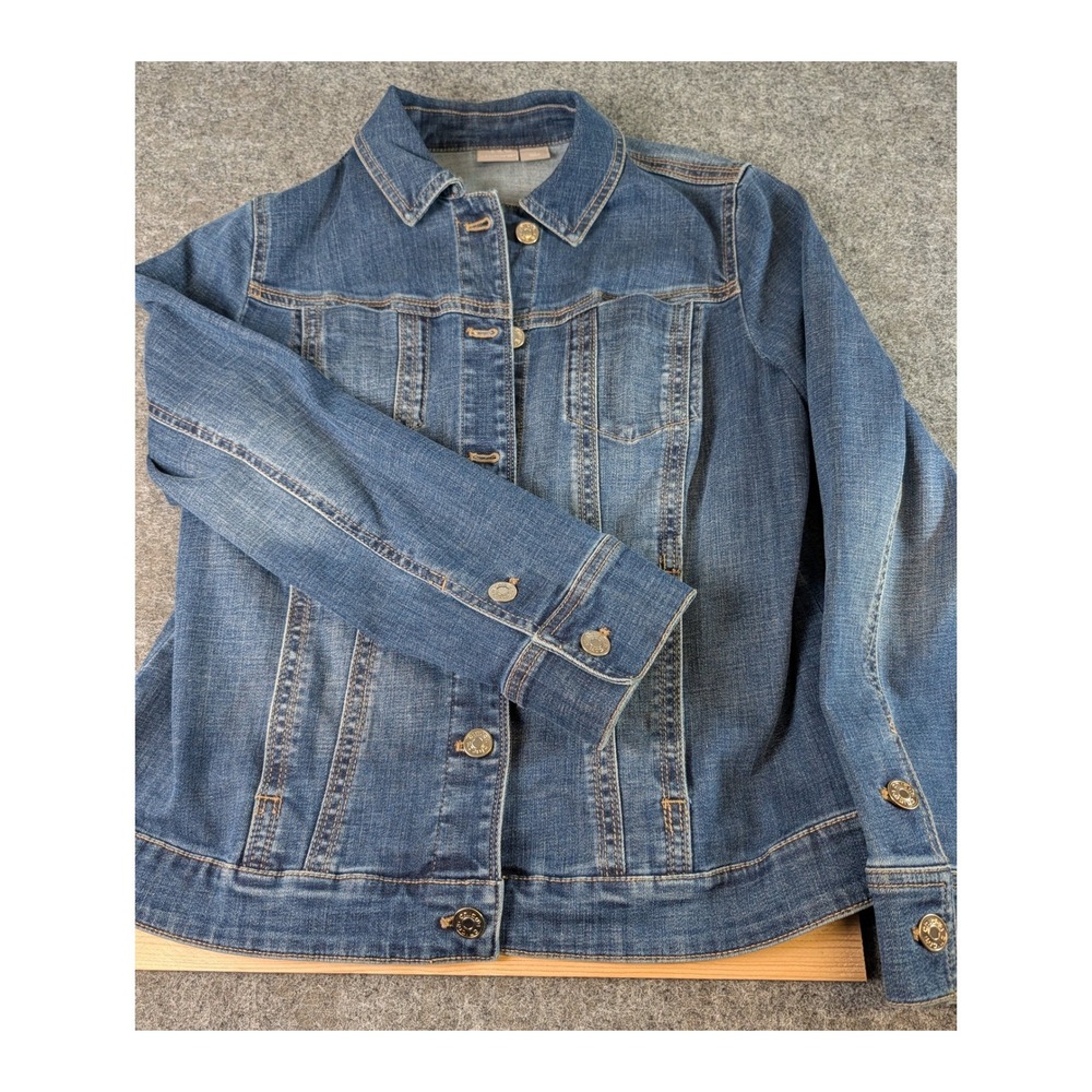 Chico's Denim Trucker Jacket Medium Wash Stretch Cotton Size 1 US 8/10 EUC